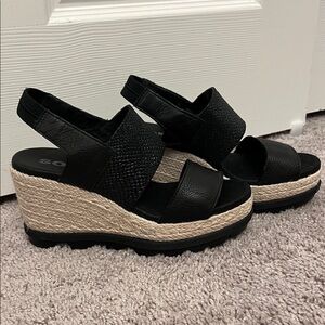 Sorel Black Leather Espadrille Platform Wedge Sandals Lug Sole | Size 8